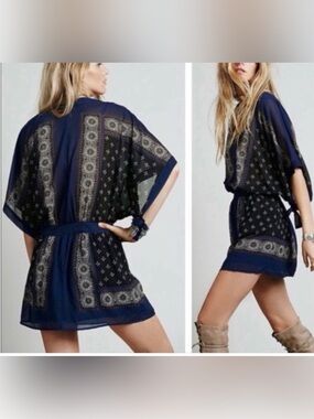 Free People Santa Cruz Kimono Mini Dress Blue & Black